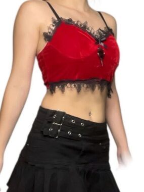 Spencer's Red Velvet Lace-Trim Crop Cami